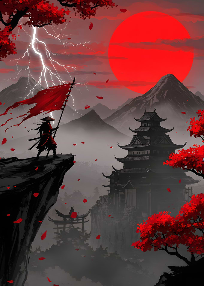 Samurai with Red Flag Landscape