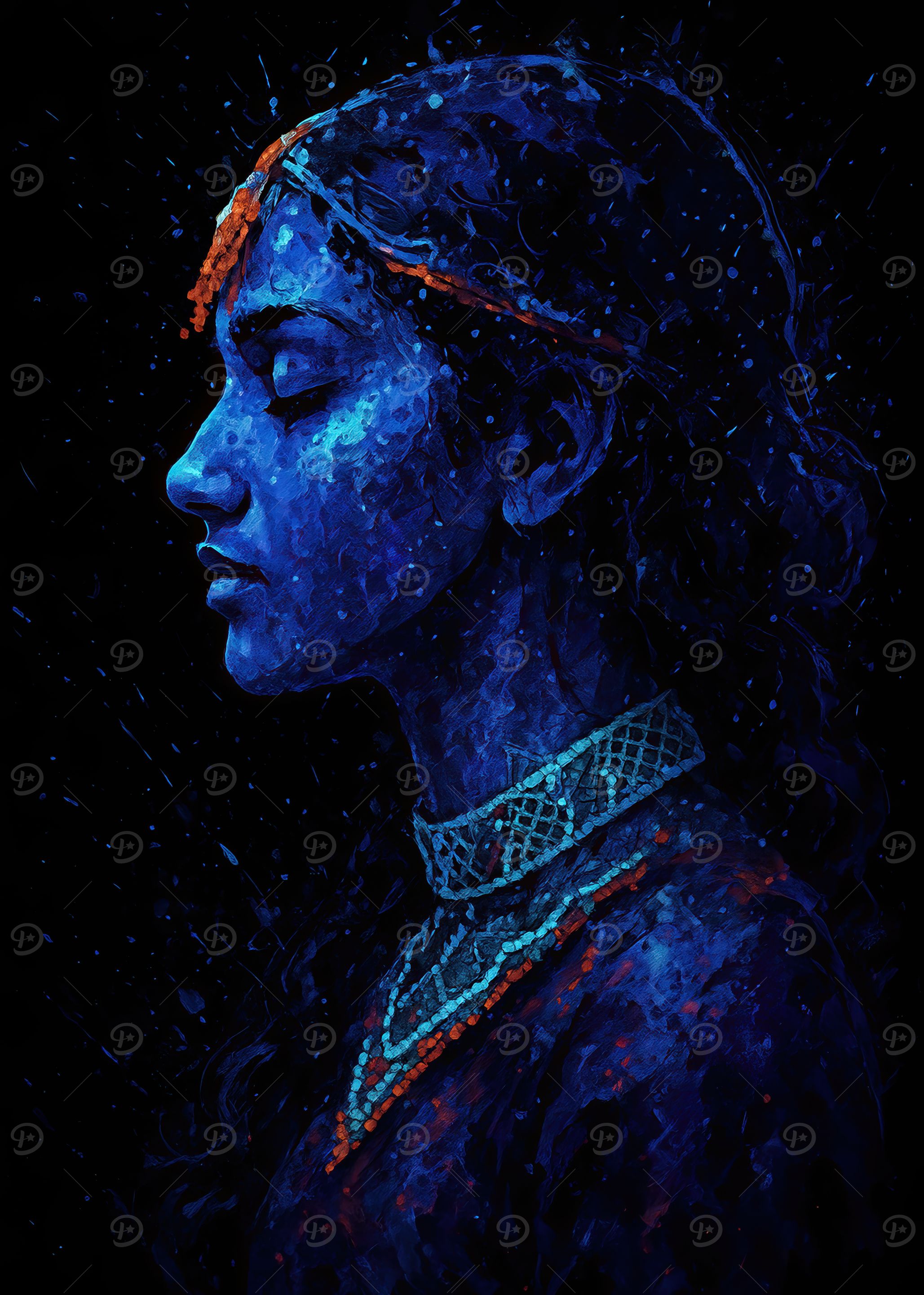 Blue hammer Woman Portrait with Orange Accents