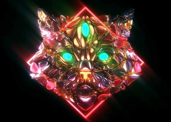 Abstract Metallic Cat Head with Neon