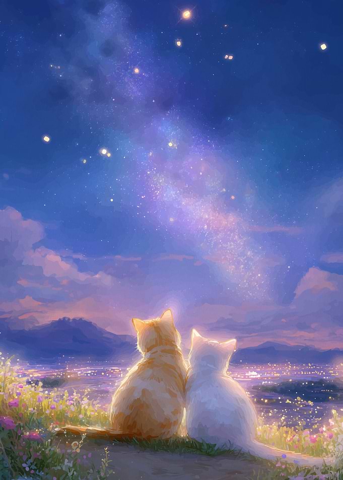 Cats Gazing at the Night Sky