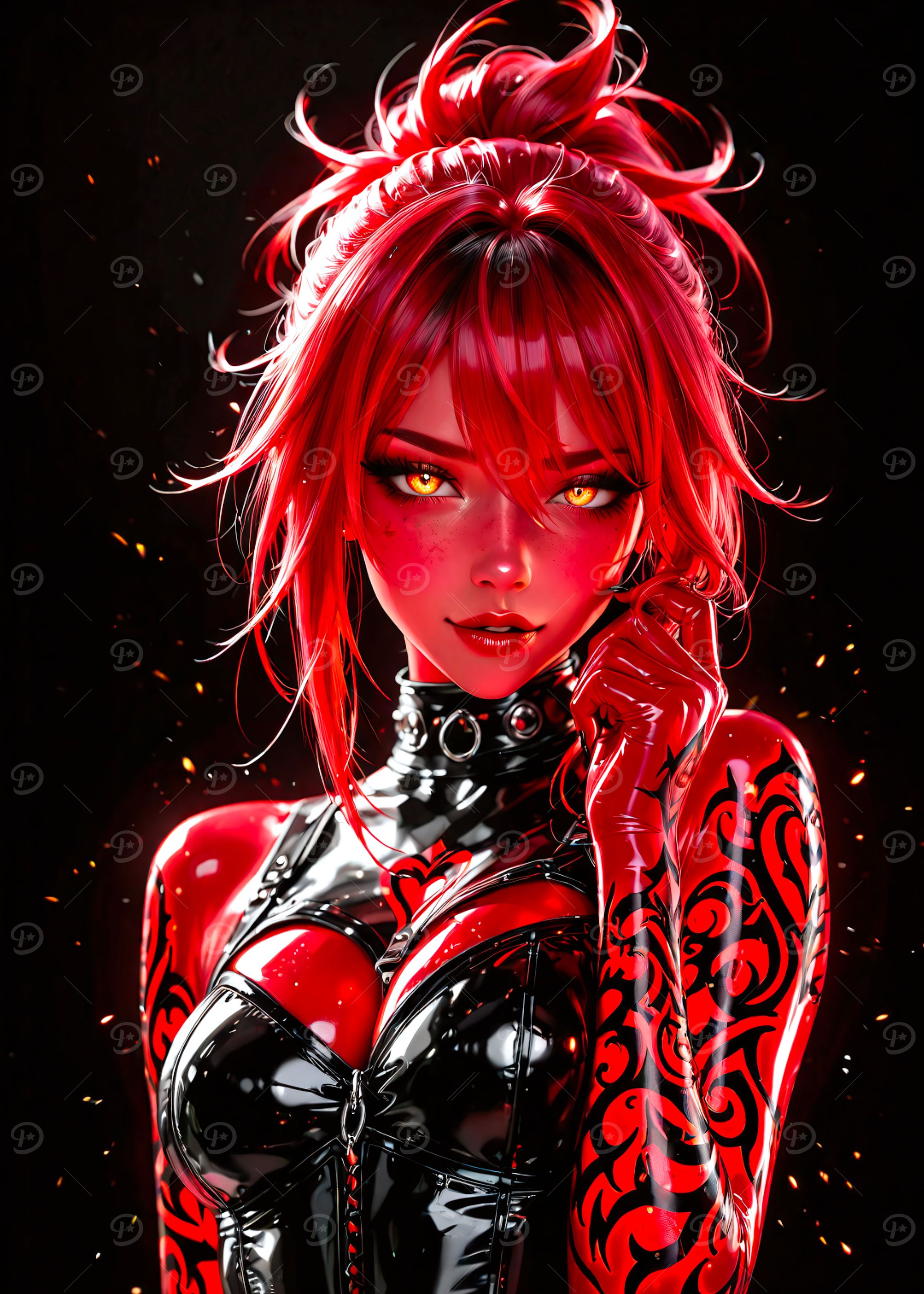 Red-skinned woman in black latex outfit