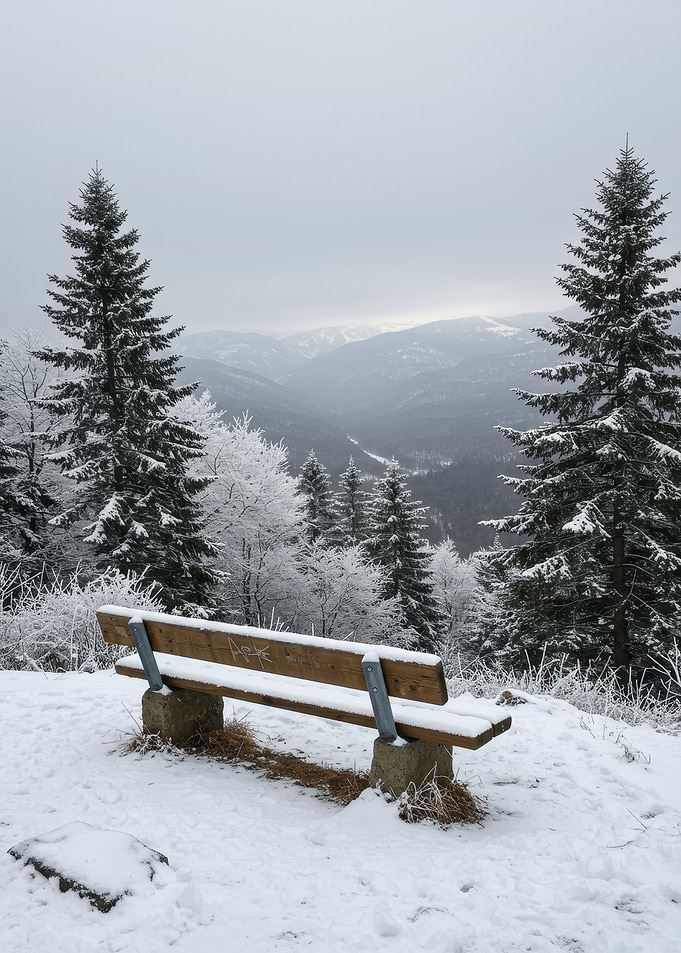 Snowy Mountain View with Bench