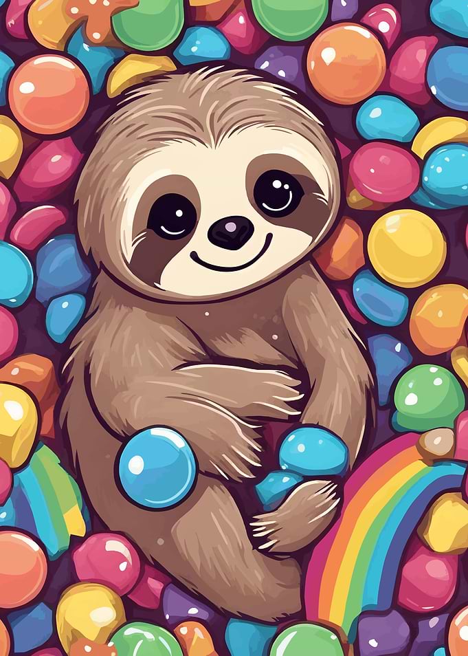 Colorful Cartoon Sloth With Candies