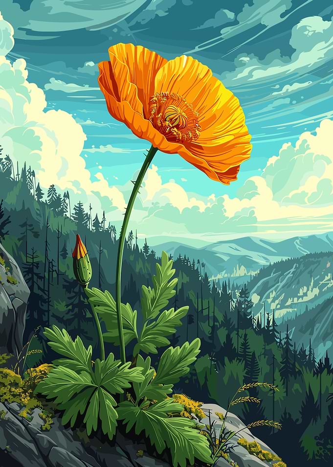 Orange Poppy Flower in Mountain Landscape