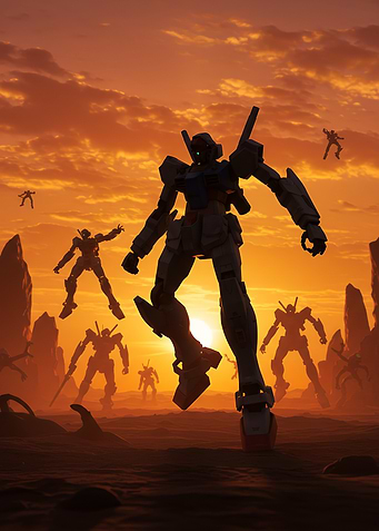 A robot central stands tall amid a sunset landscape with smaller robots and rock formations