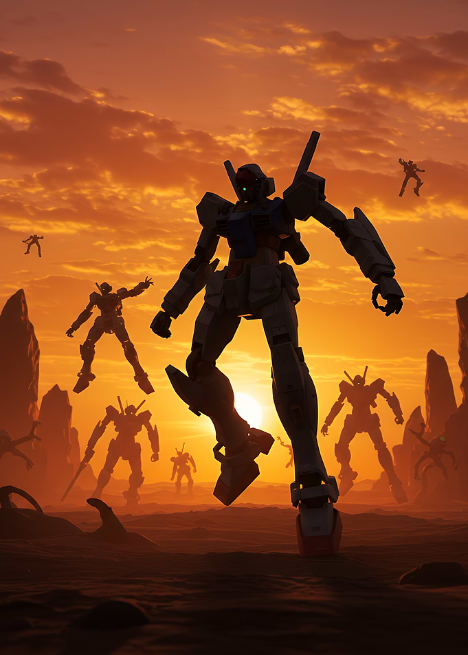 A robot central stands tall amid a sunset landscape with smaller robots and rock formations