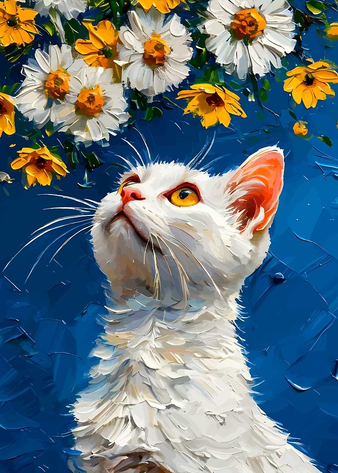 White Cat Gazing at Daisies