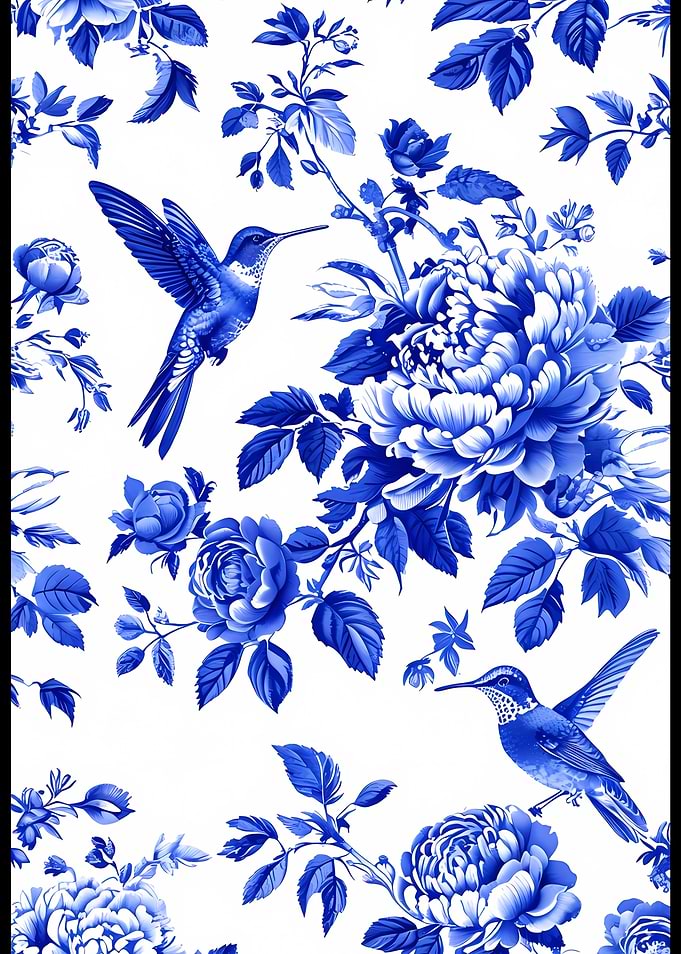 Blue and White Floral Hummingbird Pattern