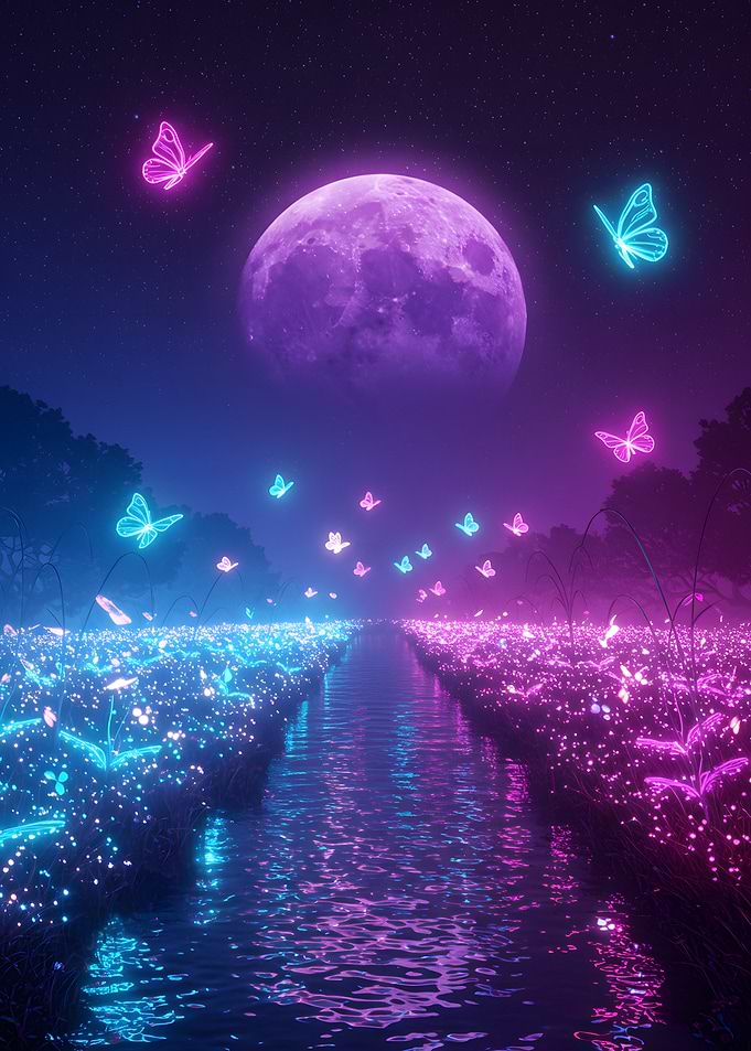 Neon Butterflies and Moonlit River