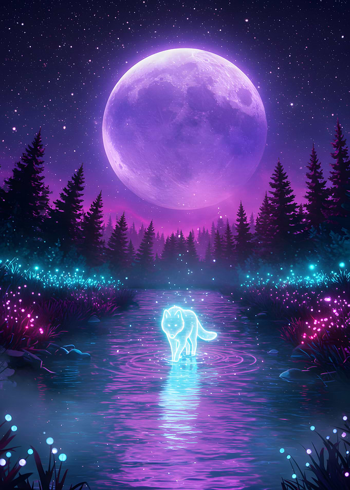 Neon Wolf in Moonlight Stream