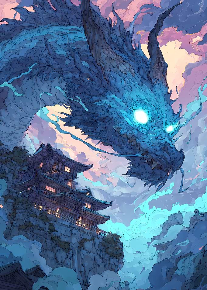 Azure Dragon Overlooking Japanese Temple