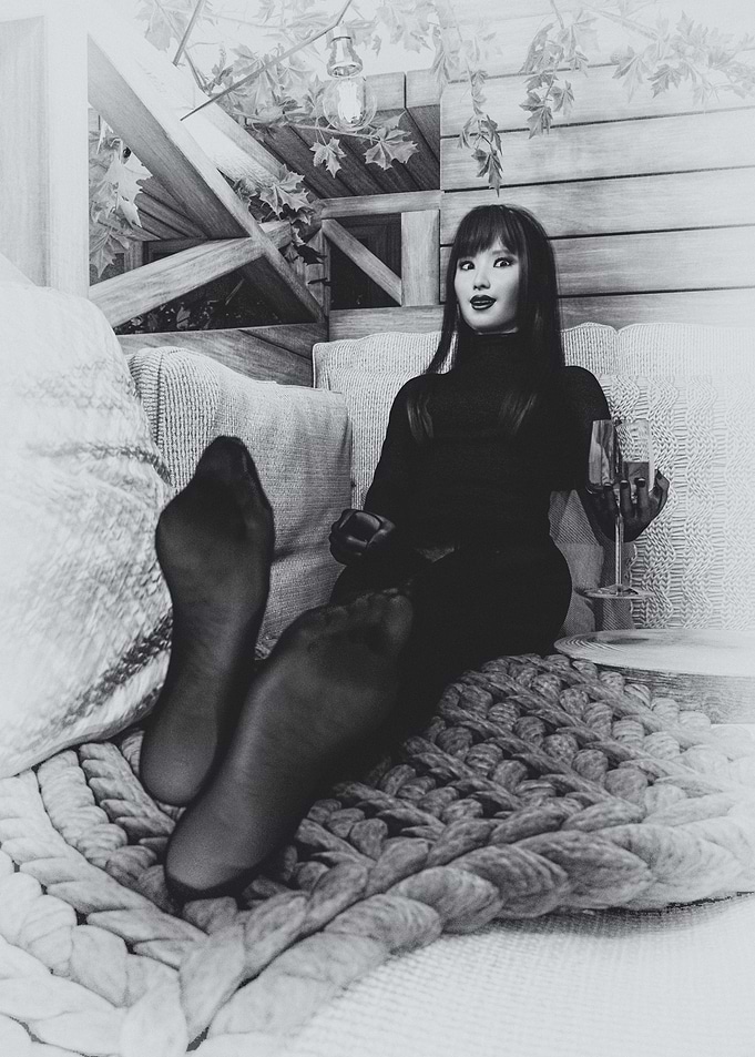 Woman Relaxing with Wine in Monochrome