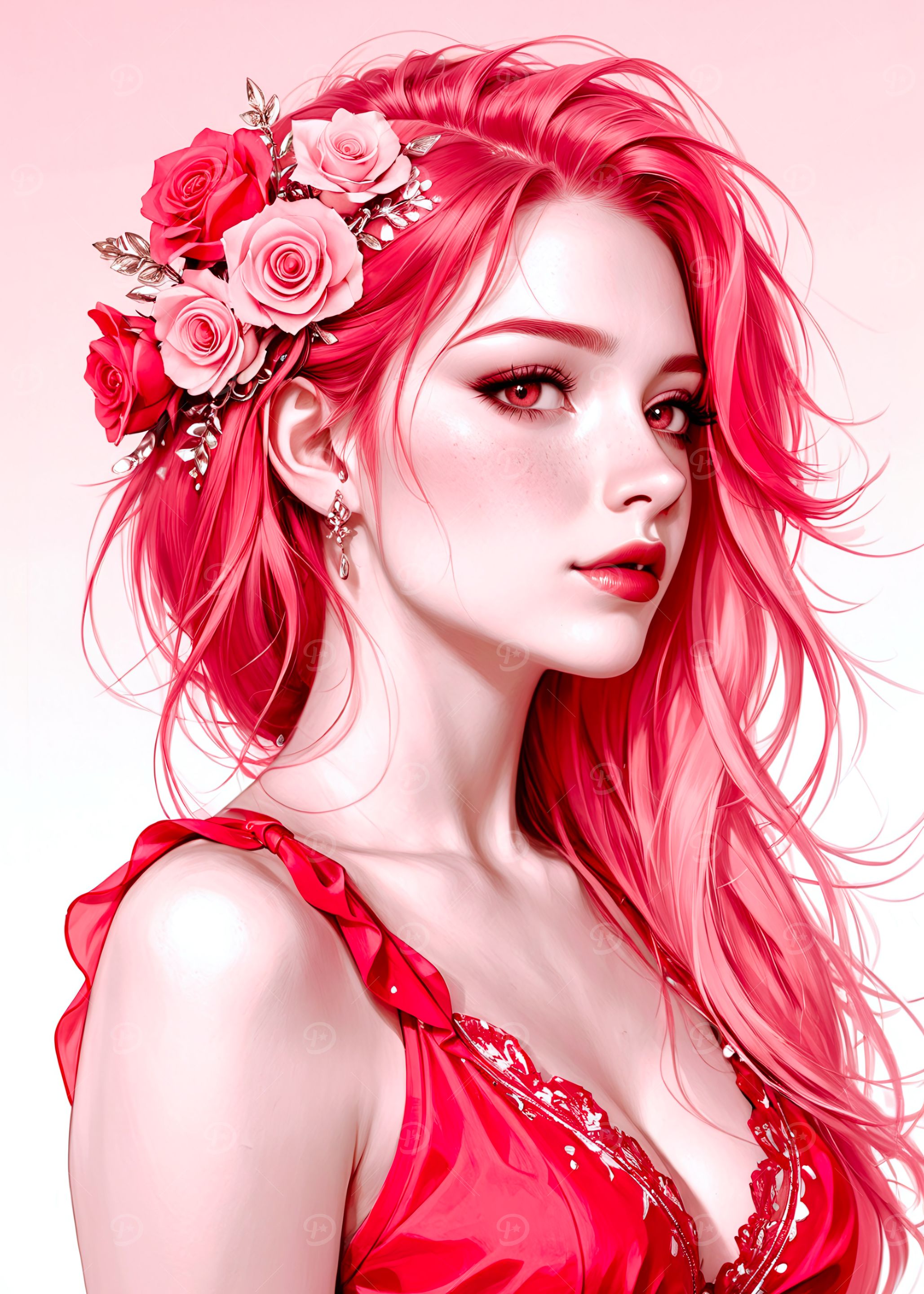Red-haired woman with roses in hair
