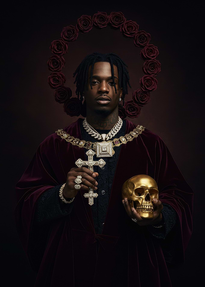 Playboi Carti with Roses, Cross, and Skull
