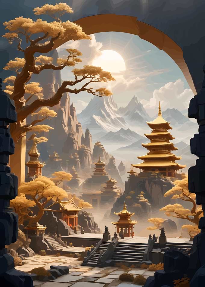 Golden Pagodas and Mountains Landscape