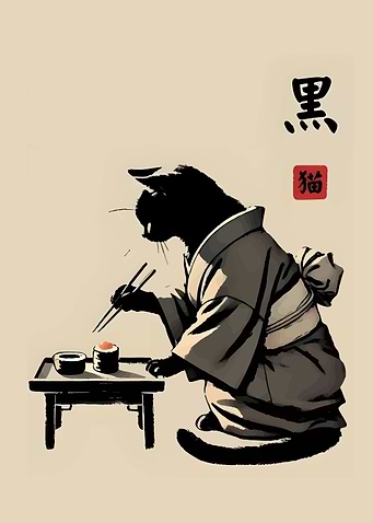 Cat in Kimono Eating Sushi