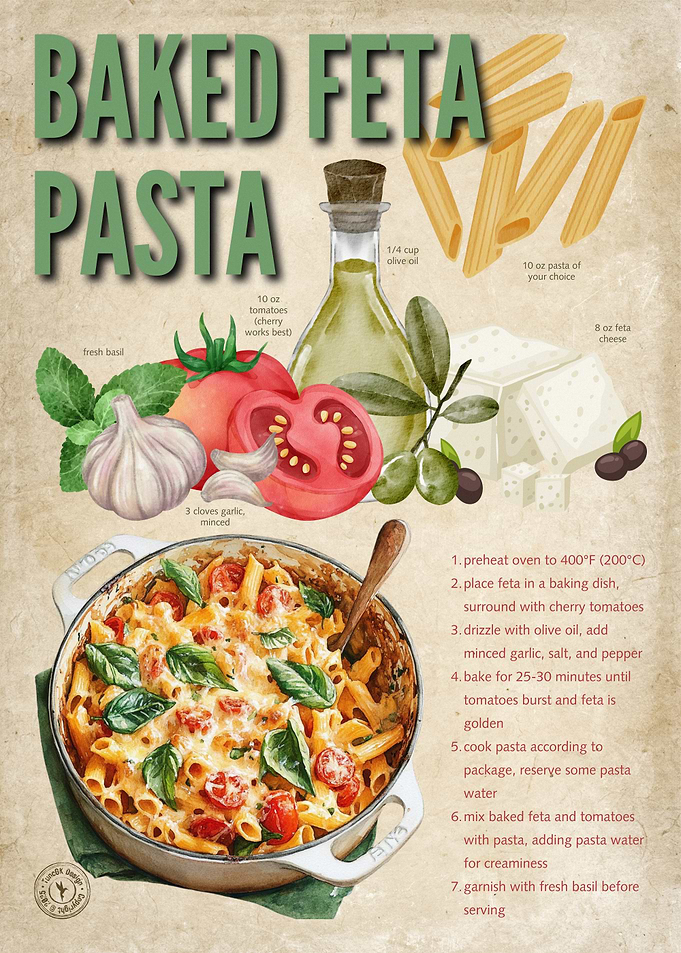Baked Feta Pasta Vintage Cooking Print