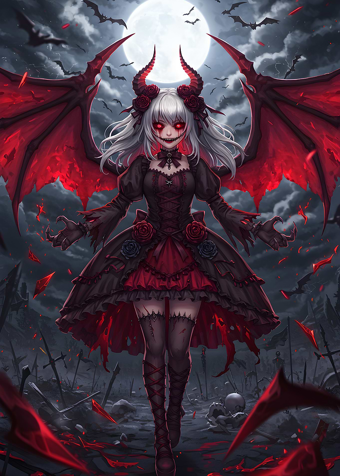 Gothic Devil Girl with Red Wings