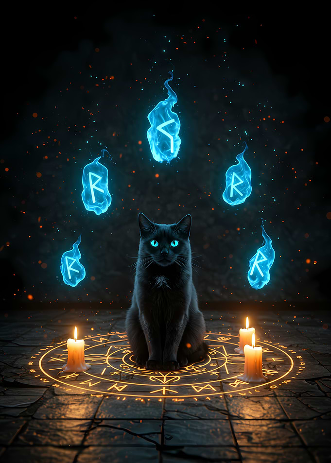 Mystical Black Cat with Runes