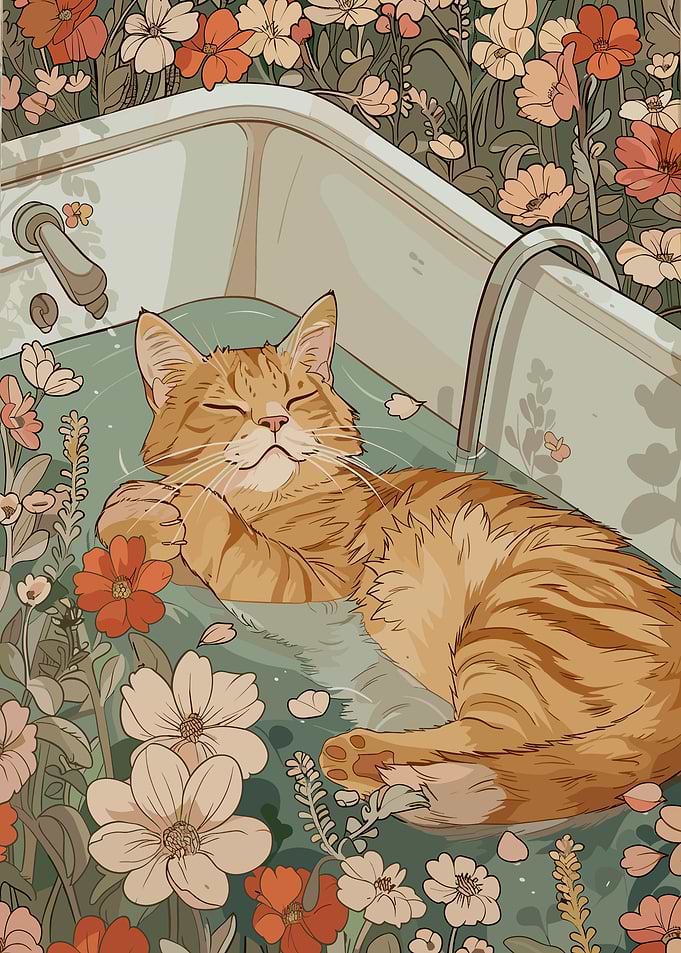 Cat in Floral Bathtub Illustration