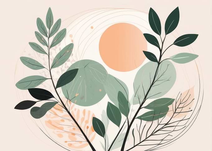 Botanical Illustration with Circle and Leaves