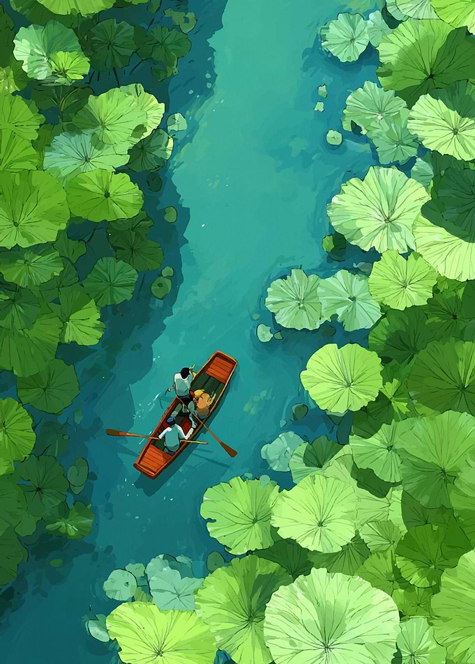 Boat ride through lily pads