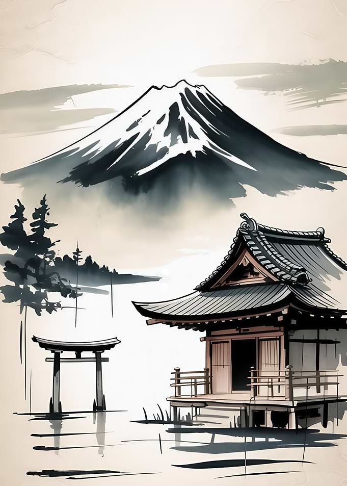 Japanese Landscape with Mount Fuji