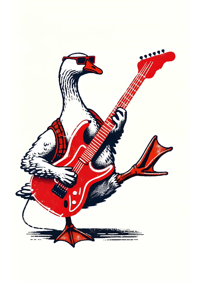 Duck playing red electric guitar