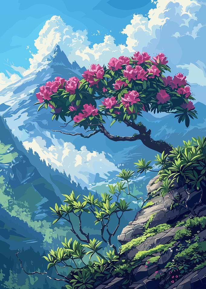 Mountain Landscape with Pink Flowers
