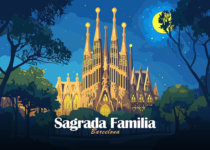 Sagrada Familia Barcelona Night Illustration