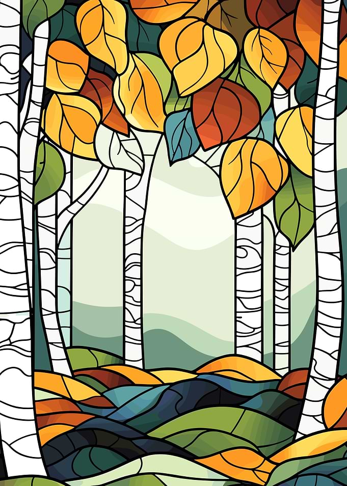 Autumn Birch Forest Stained Glass Style