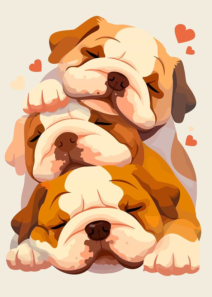 Sleeping Bulldog Puppies Cute Minimalist Art Illustration