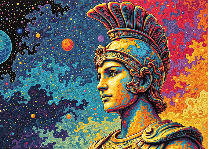 Athena god in Space. Colorful illustration