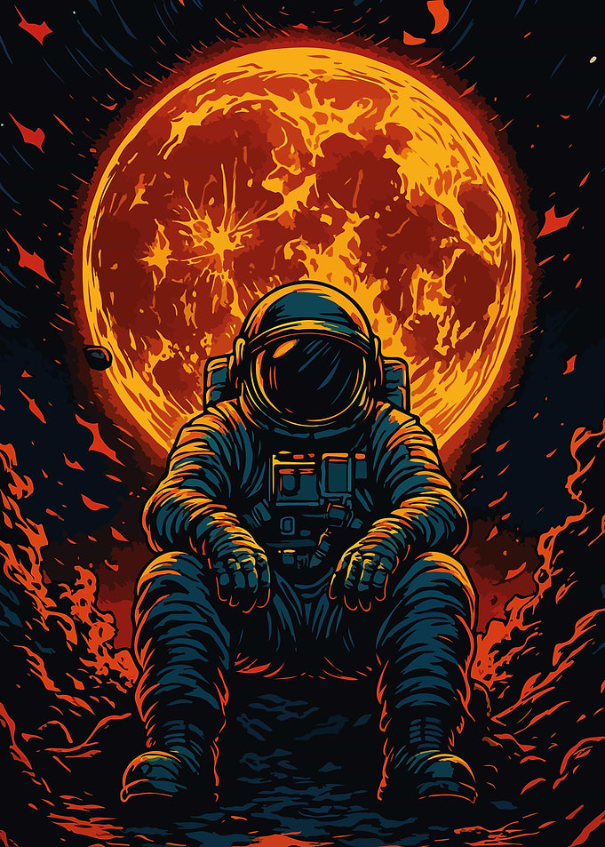 Contemplative Astronaut with Fiery Planet