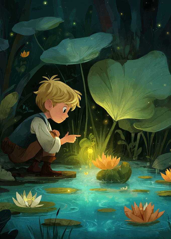 Boy and Fairy in Lily Pond