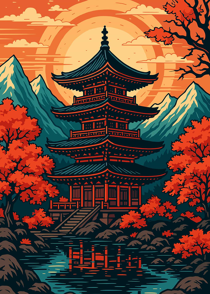 Japanese Pagoda Landscape Art