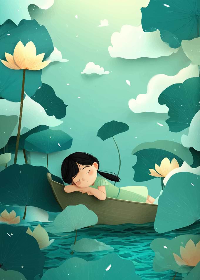 Girl Sleeping in Boat Among Lotus