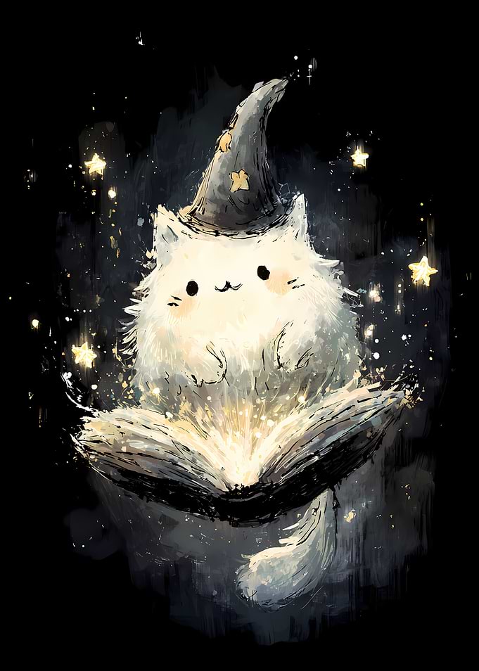 Wizard Cat Reading a Glowing Spellbook
