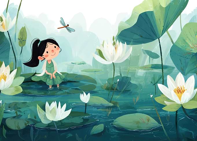 Girl in Lotus Pond Illustration