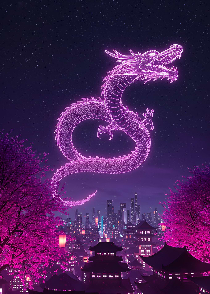 Neon Dragon over Asian Cityscape