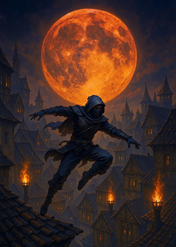 Rooftop Assassin Under a Blood Moon