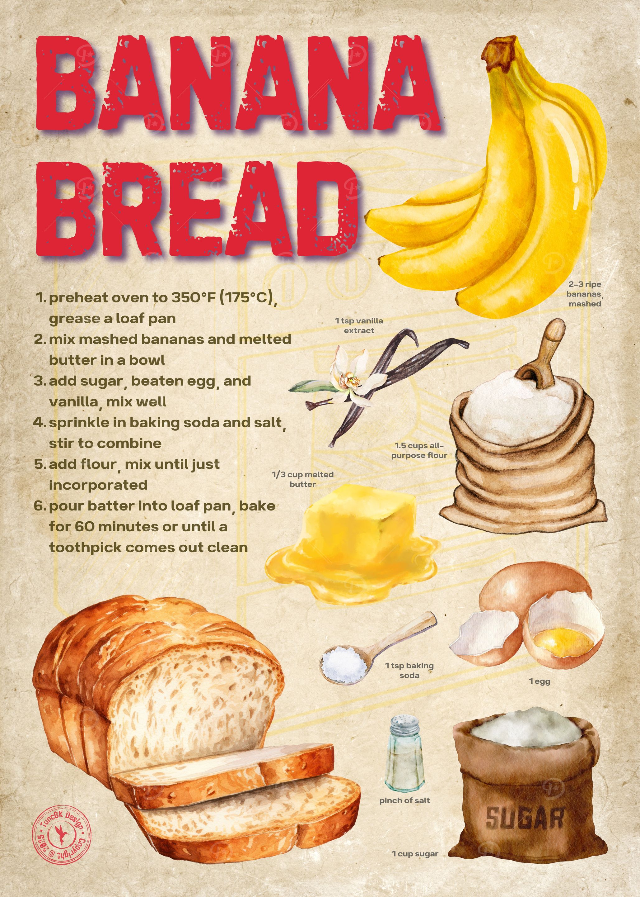 Banana Bread Vintage Recipe Poster