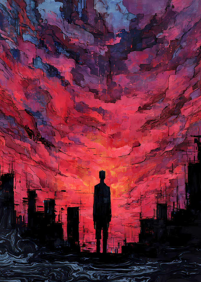 Silhouette in a Red Cityscape
