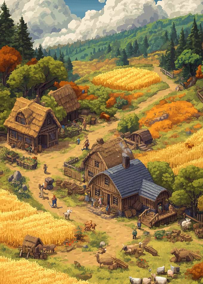 Rural Village Landscape with Farmhouses