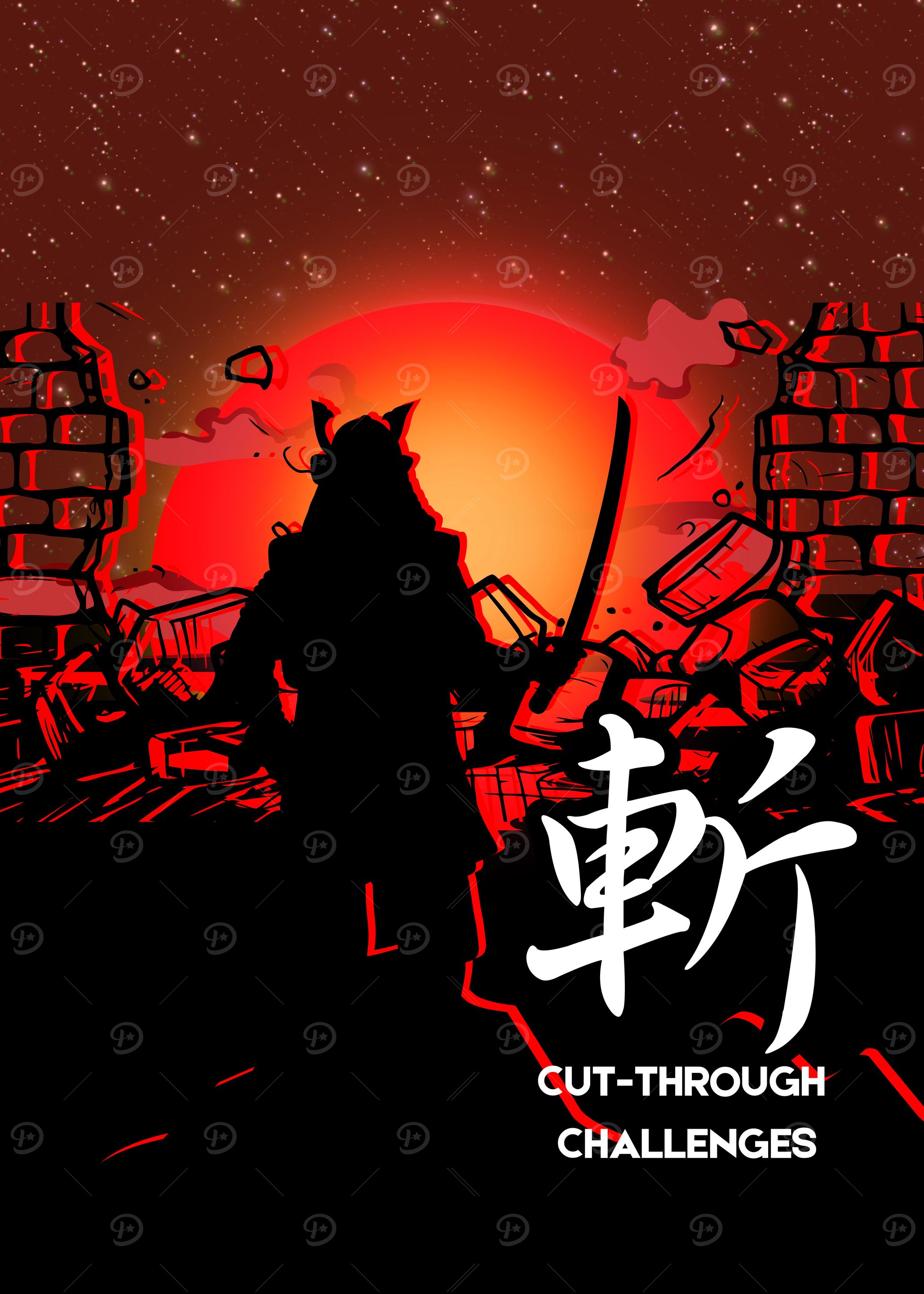 斬 – Cut-Through Challenges | Red Sunset Samurai Silhouette Poster