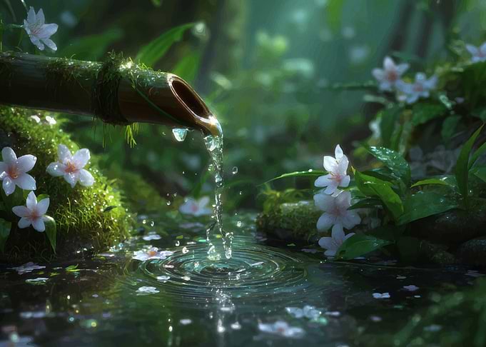 Bamboo Fountain in Lush Greenery