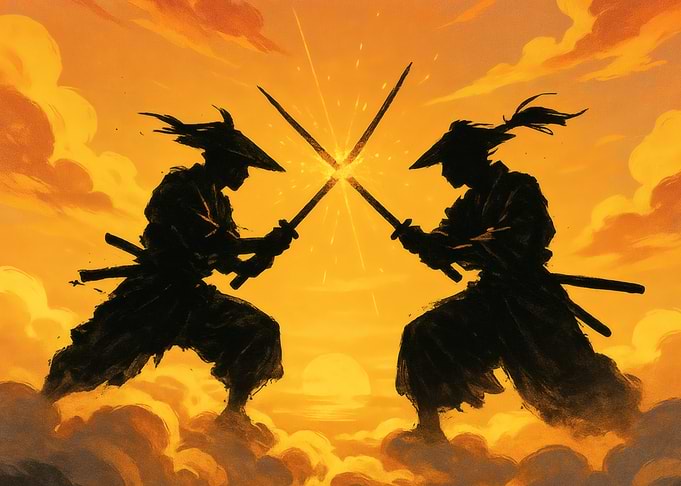 Duel in the Dawnmist: Samurai Clash Above the Clouds