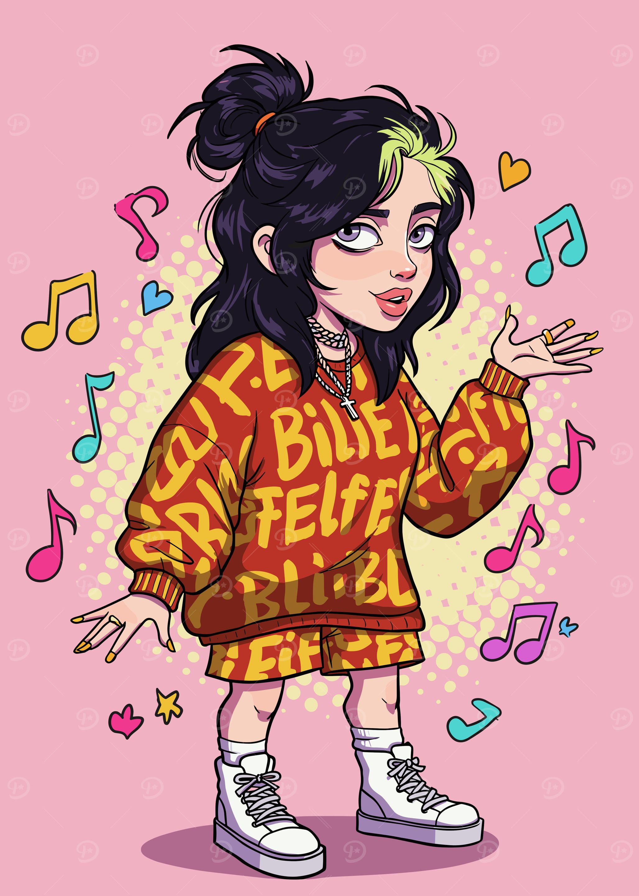Cartoon Billie Eilish with Musical Notes