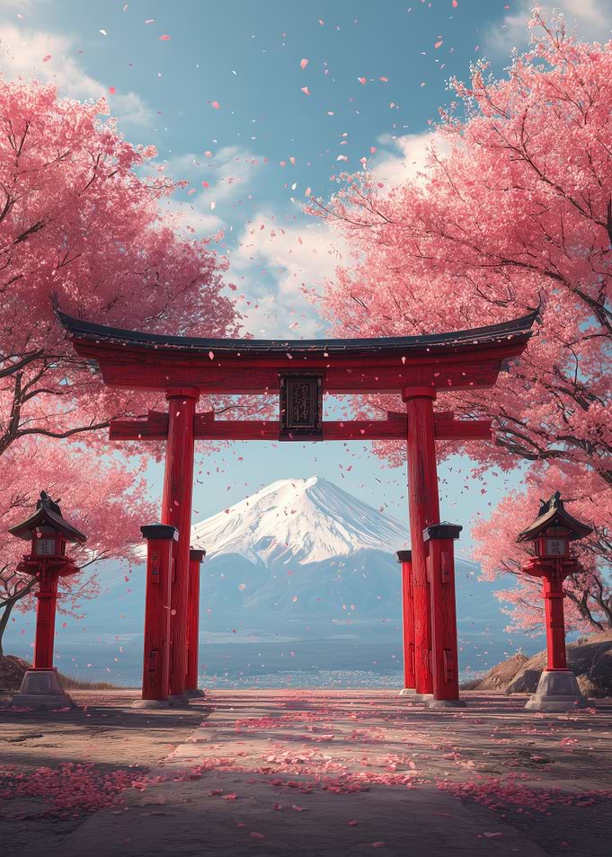 Japanese Torii Gate with Cherry Blossoms