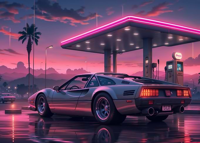 Retro Car at Gas Station Sunset